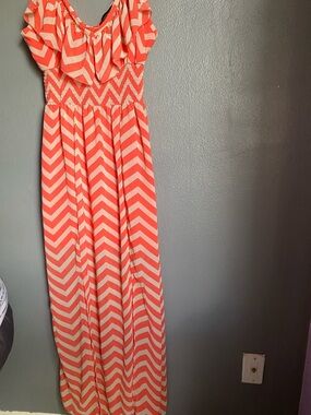HeartSoul Coral and Cream Chevron Strapless Maxi Dress